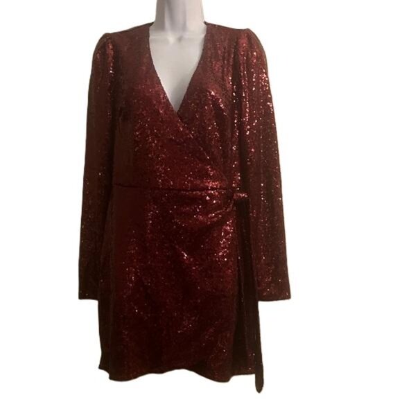 JustFab Dresses & Skirts - JUSTFAB Red Sequin Wrap Dress Long Sleeve V Neck Party Occasion Size‎ S